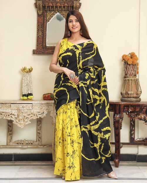 Yellow and black color Mulmul cotton saree