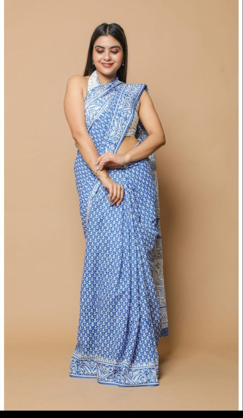 Pastel Blue color Mulmul cotton saree