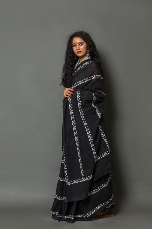 Black color Mulmul cotton saree