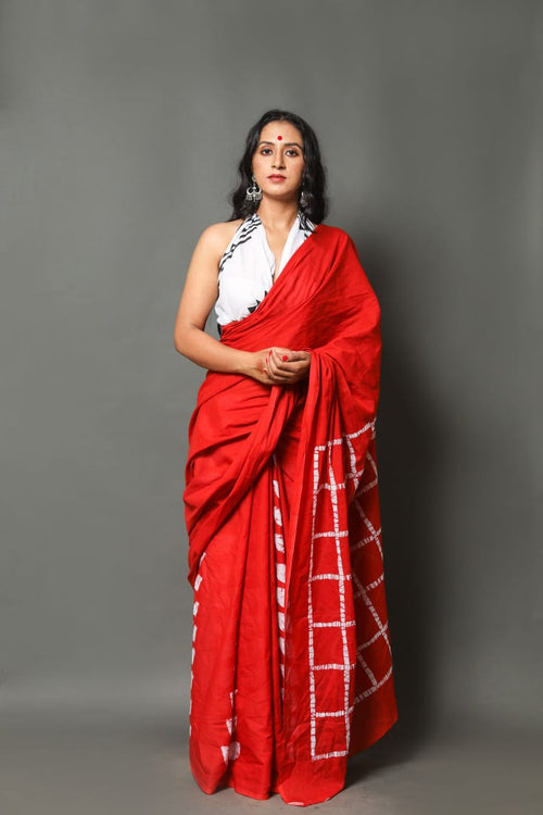 Red color soft mulmul cotton saree