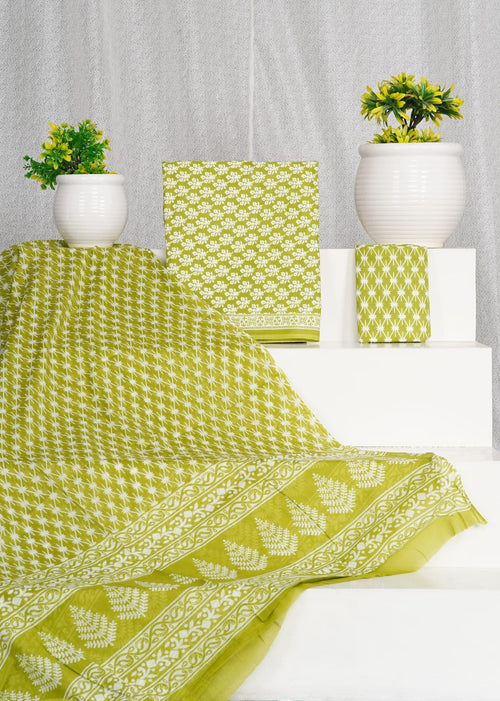 Pastel green color cotton dress material with mulmul dupatta