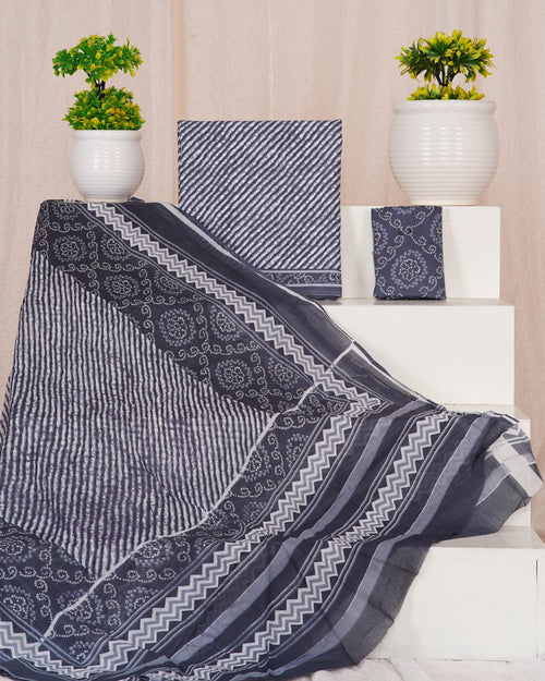 Grey color lahariya print mulmul dupatta suit