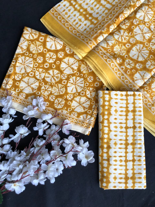 Mustard color cotton suit with mulmul dupatta