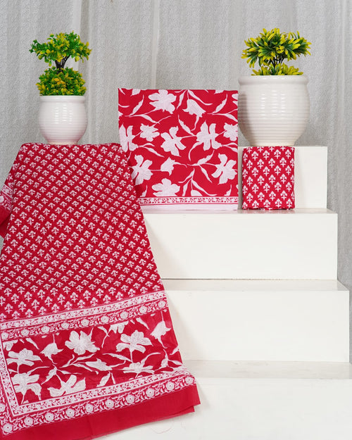 Red color cotton set with mulmul cotton dupatta