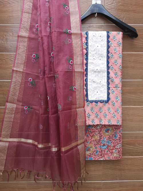 Pastel color cotton with embroidery organza dupatta