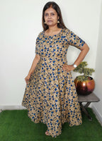 BEIGE WITH BLUE CREPE SILK DRESS WITH LINING