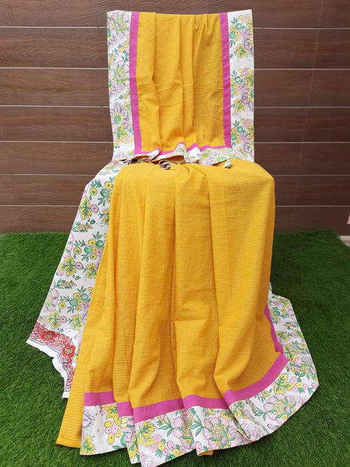 Designer Handloom Cotton Mango Yellow Color Katha Weaved Saree