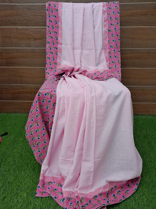 Beautiful Designer Handloom Cotton Pink Color Katha Weaved Saree