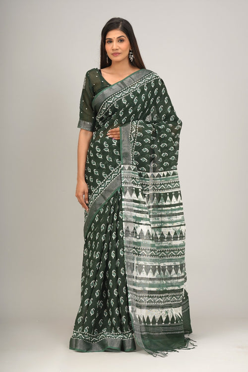 Green color handloom linen block print saree