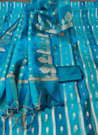 Teal Blue Dual Color Crush Banarsi Tissue Silk Zari Woven Dress Material