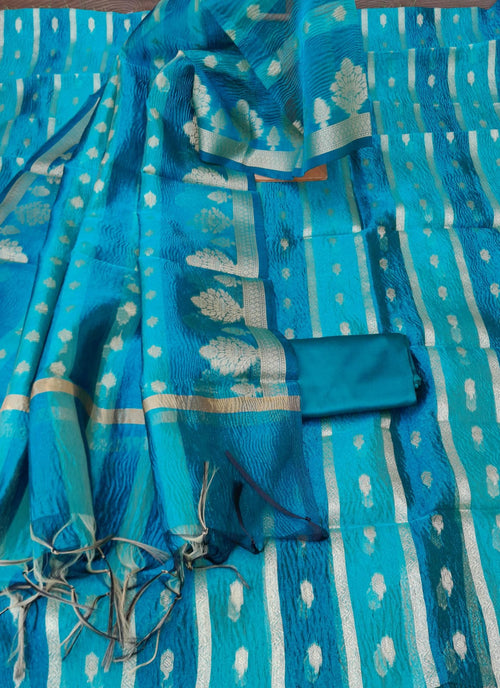 Teal Blue Dual Color Crush Banarsi Tissue Silk Zari Woven Dress Material