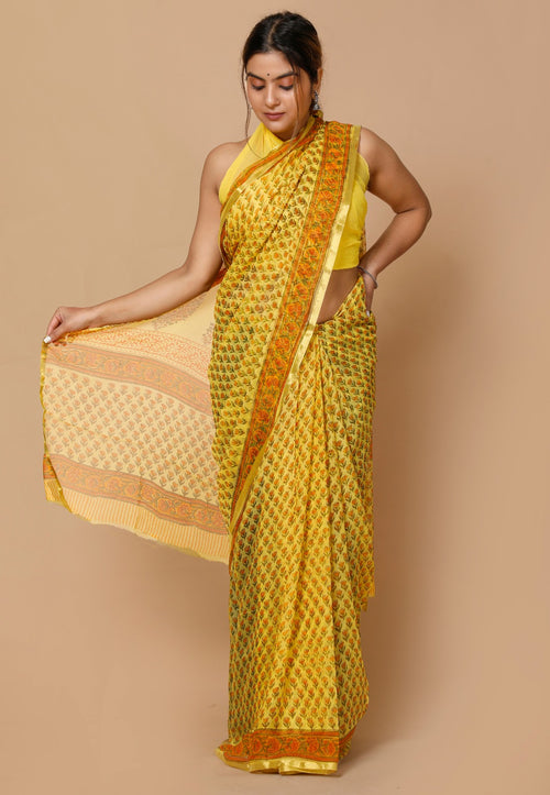 Mango yellow pure chiffon hand block print saree