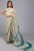Cream with sea green color chiffon hand block print saree