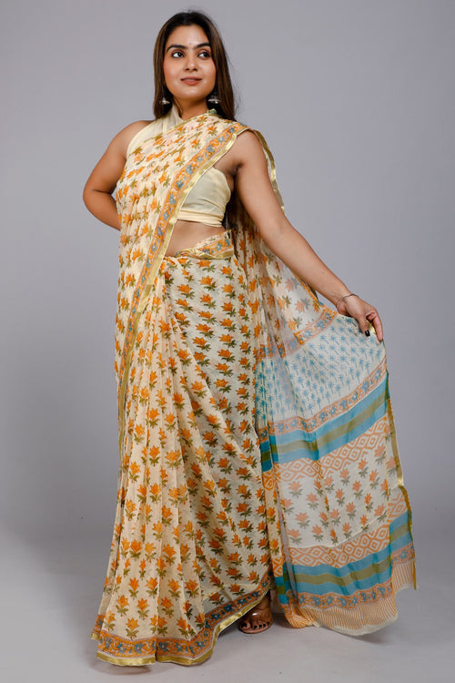 Beige color chiffon block print saree