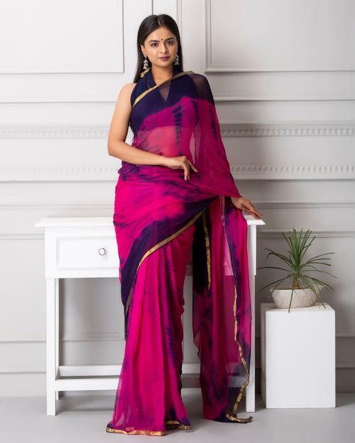 Rani with blue shibori print chiffon saree