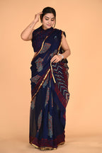 Ajrakh print blue chiffon saree