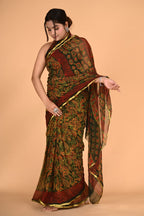 Ajrakh print green color chiffon saree