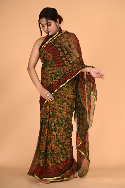 Ajrakh print green color chiffon saree