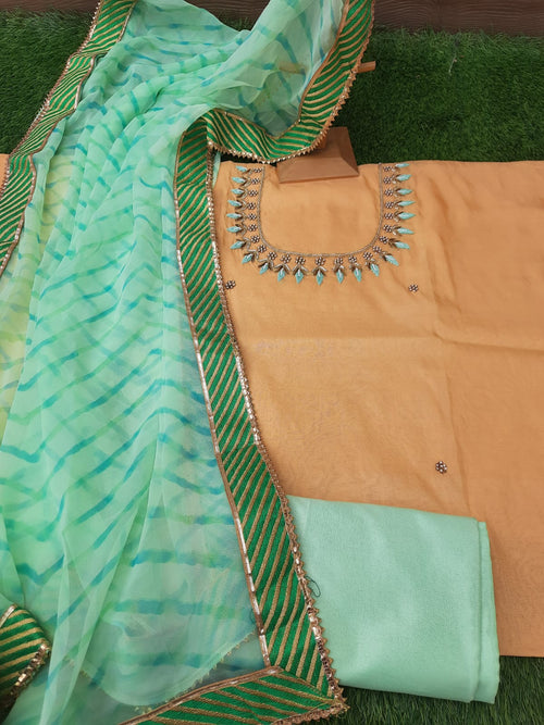 Cream Semi Silk Dress Material With georgette Dupatta - Aaditri fab