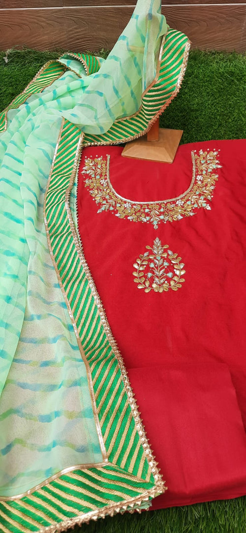 Red Zardosi Work Dress Material With georgette Dupatta