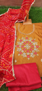 Brown Zardosi Work Semi Silk Dress Material With gergette bandhani Dupatta