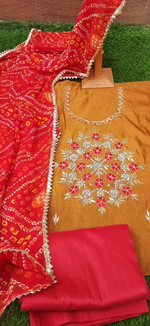 Brown Zardosi Work Semi Silk Dress Material With gergette bandhani Dupatta