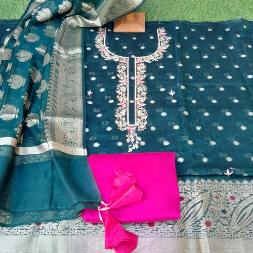 Dark green color Banarsi zari weaving with gota patti suits - Aaditri fab