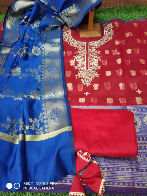 Red color organza zari weaved suit fabric with gotta work