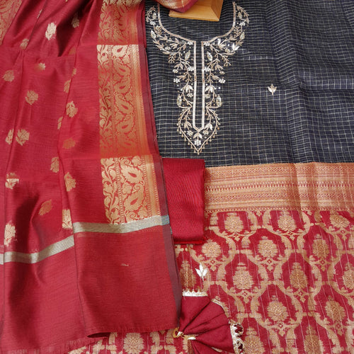 Black color organza zari weaved suit fabric with gotta work