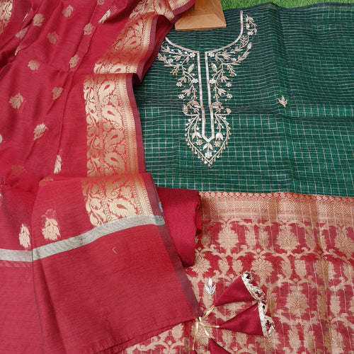 Green color organza zari weaved suit fabric with gotta work