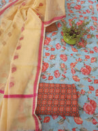 Pure linen hand block print with linen dupatta