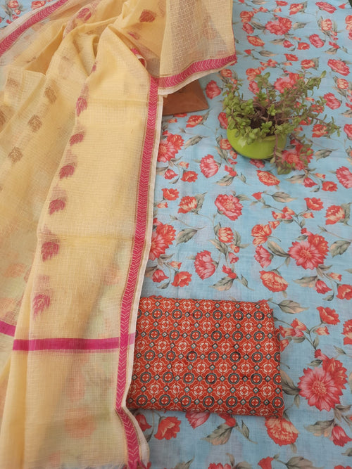 Pure linen hand block print with linen dupatta