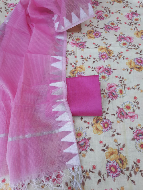 Pure linen hand block print mint blue color with kota dupatta