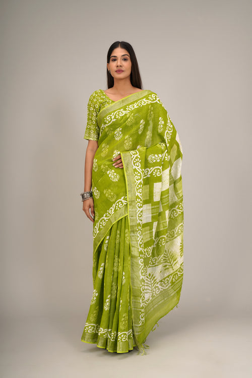 Green color handloom linen block print saree