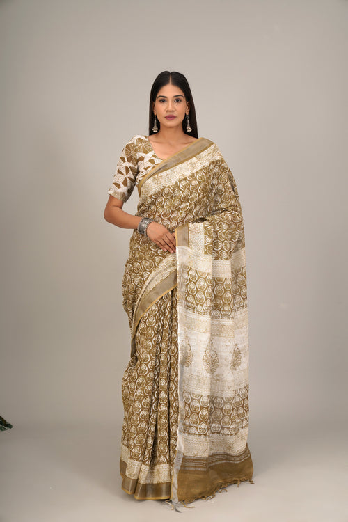 PASTEL COLOR HANDLOOM LINEN BLOCK PRINT SAREE
