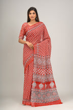 RED COLOR HANDLOOM LINEN BLOCK PRINT SAREE