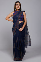 Dark Blue Color Hand Block Print Kota Doriya Saree