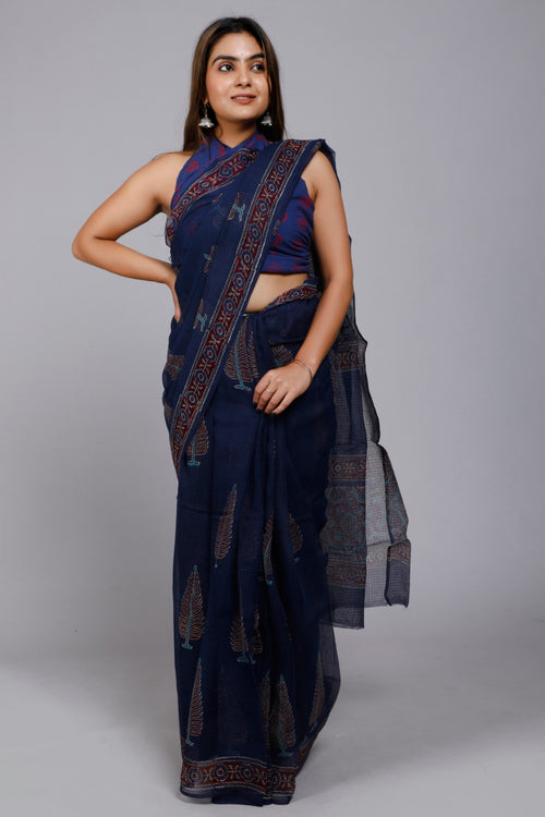 Dark Blue Color Hand Block Print Kota Doriya Saree