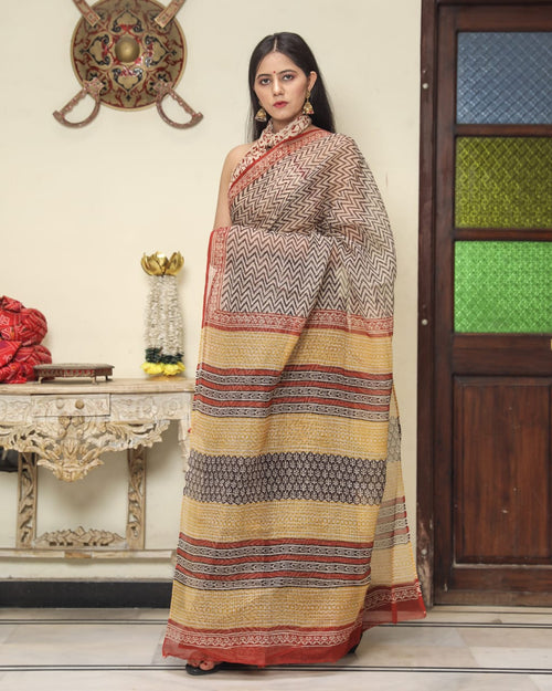 Beige Color Bagru Hand Block Print Kota Doria Saree