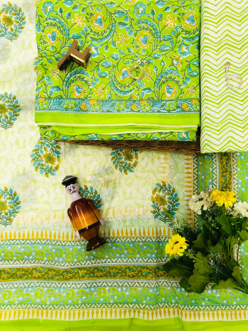 Florence Green Color Cotton suit with mulmul dupatta