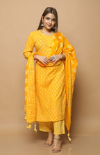 Mango Yellow Cotton Suit With Mulmul Dupatta