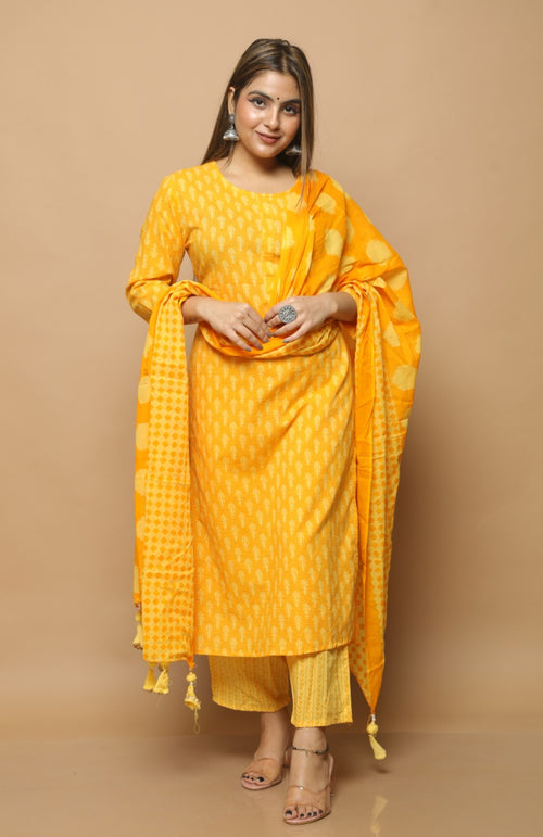 Mango Yellow Cotton Suit With Mulmul Dupatta