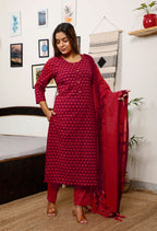 Maroon Color Cotton Suit With Mulmul Dupatta