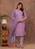 Lavender Color Cotton Suit With Kota Doria Dupatta
