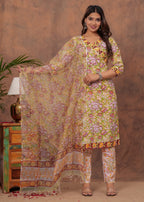 Pastel green Color Cotton Suit With Kota Doria Dupatta