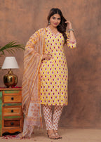 Lemon Color Cotton Suit With Kota Doria Dupatta