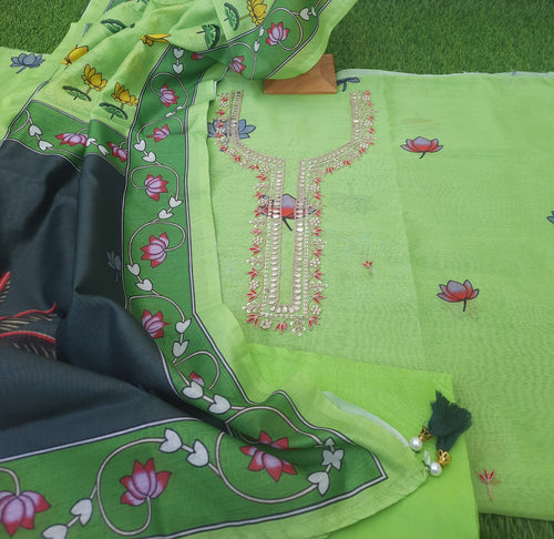 Light Green Color Muslin Silk Suit With Digital print hand work