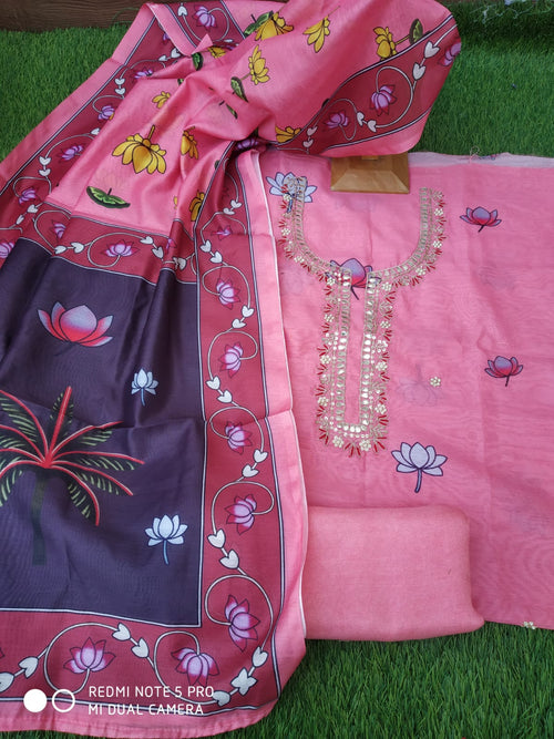 Light pink Color Muslin Silk Suit With Digital print hand work