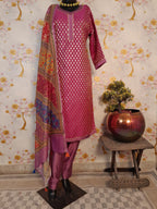 Wine Color Banarsi Silk Suit With multicolor Digital Print Dupatta
