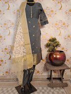 Grey Color Banarsi Silk Suit with Peral white with zari Dupatta